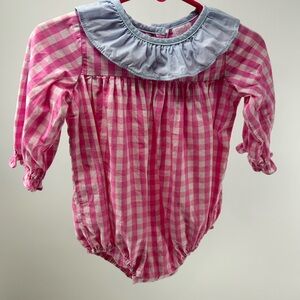 Pink Gingham Baby Romper with Blue Collar stitchy fish 9 months